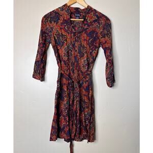 Lucky Boho Retro Paisley Button Up Dress with Tie Belt XS